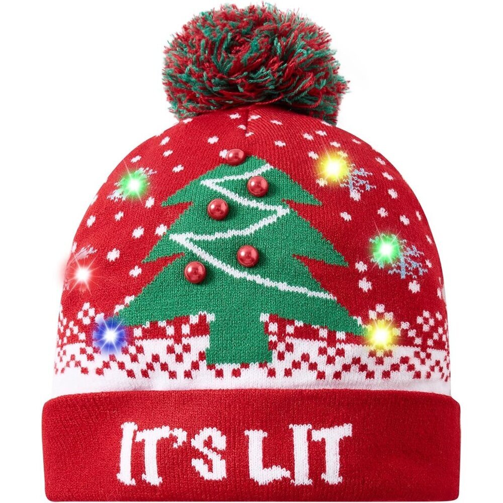 Unisex LED Light-up Ugly Christmas Sweater Hat Novelty Knitted Xmas Beanie Cap f